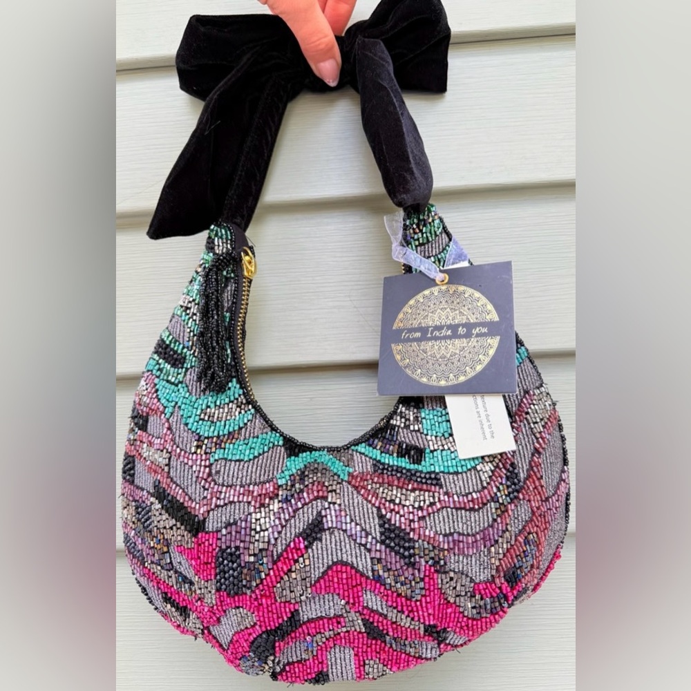 Made in India intricate Beaded and velvet handle Multicolor Hobo Bag